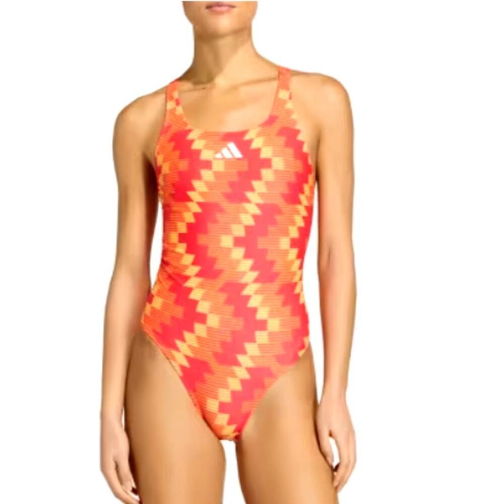 Adidas Soccer-Inspired V-Back Graphic Swimsuit Lucid Red Size 10